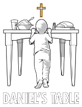 Daniel's Table logo, which consists of a small boy reaching up to a table that has a glass of milk, a bowl of rice, and a loaf of bread set atop. Above the boy and table is a cross. Beneath the boy's feet are the words "Daniel's Table".