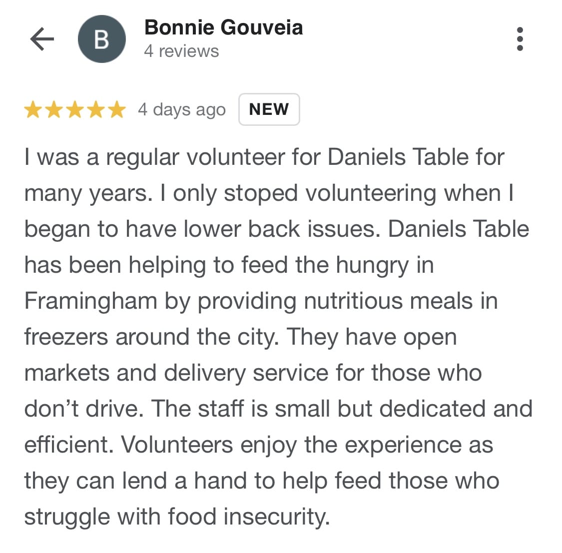 Bonnie Gouvela Google Review says how wonderful it is to volunteer at Daniel's Table