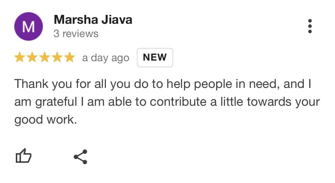 Marsha Jiava Google Review thanks Daniel's Table for their good work