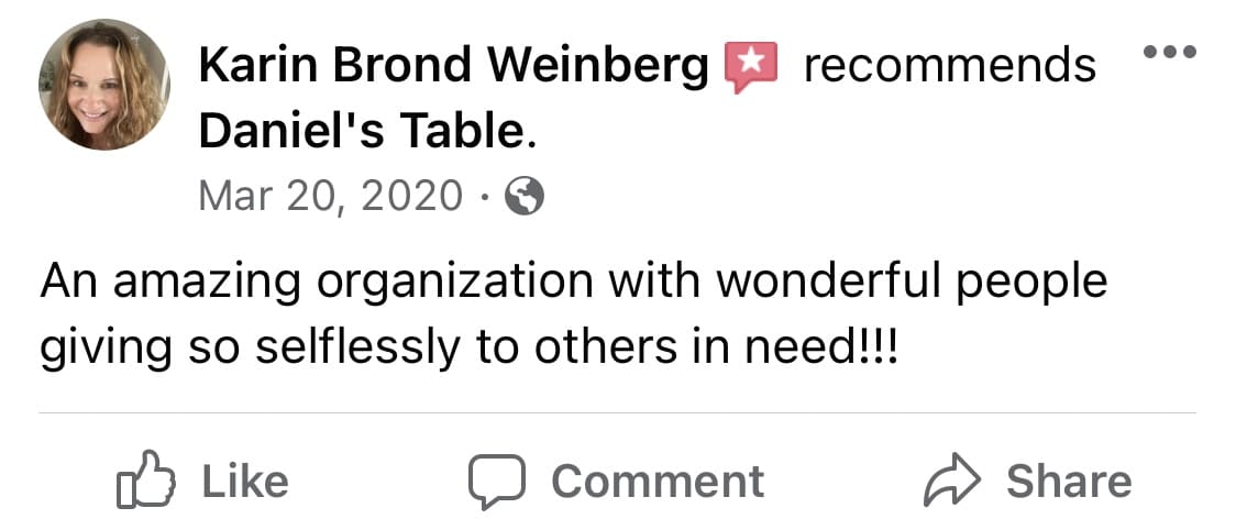 Karin Brond Weinberg Facebook Review reads "An amazing organization with wonderful people giving so selflessly to others in need!!!"