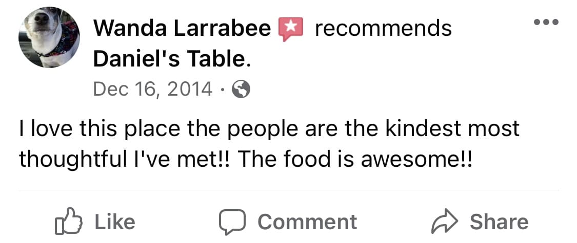 Wanda Larrabee Facebook review reads "I love this place the people are the kindest most thoughtful I've met!! The food is awesome!!"